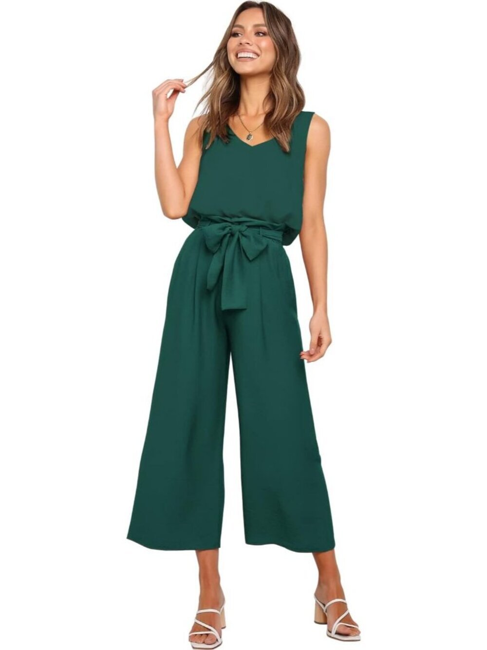 Women's 2 Piece Set V Neck Tank Dark Green Tops High Waisted Pants with Belt - Picture 3 of 7